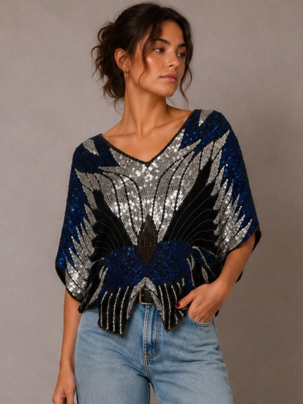 Vintage Scala Silk Sequin Butterfly Blouse Size Medium
